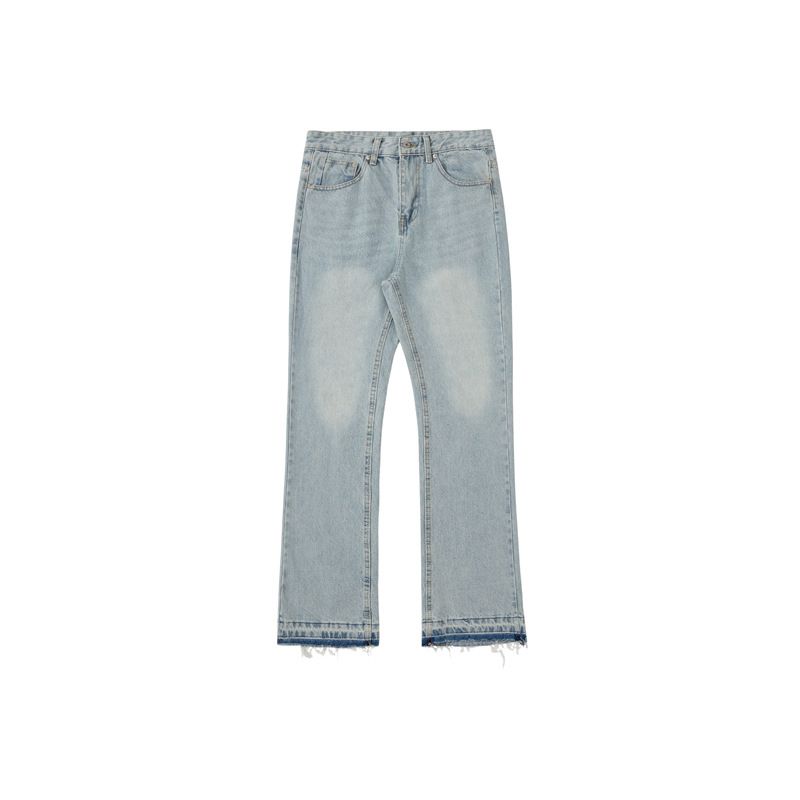 American Style Blue Fringe Cuff Jeans For Men High Street Washed Slightly Flared Cleanfit Pants Trendy_voghion.com