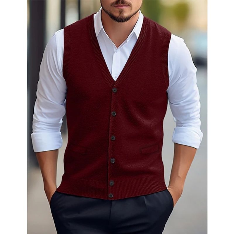 ​​Herrenweste im Slim Fit aus Wollmischung, lässige ärmellose Strickjacke für alle Jahreszeiten, zweireihige Weste mit V-Ausschnitt in Unifarben​​_voghion.com