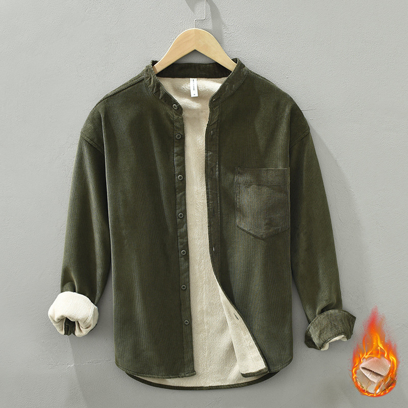 1353 camisa de manga comprida de pelúcia, jaqueta de veludo cotelê, camisa de algodão listrada casual solta retrô espessada, uma peça de cabelo_voghion.com