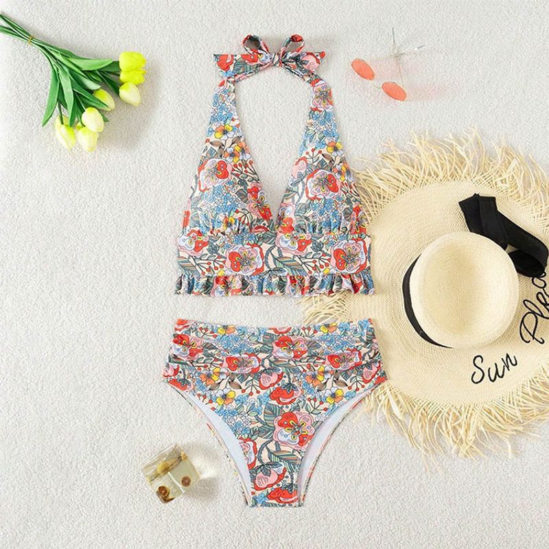 Maillot de bain imprimé dos nu pour femme, bikini sexy froncé, pour la plage et les sources chaudes_voghion.com