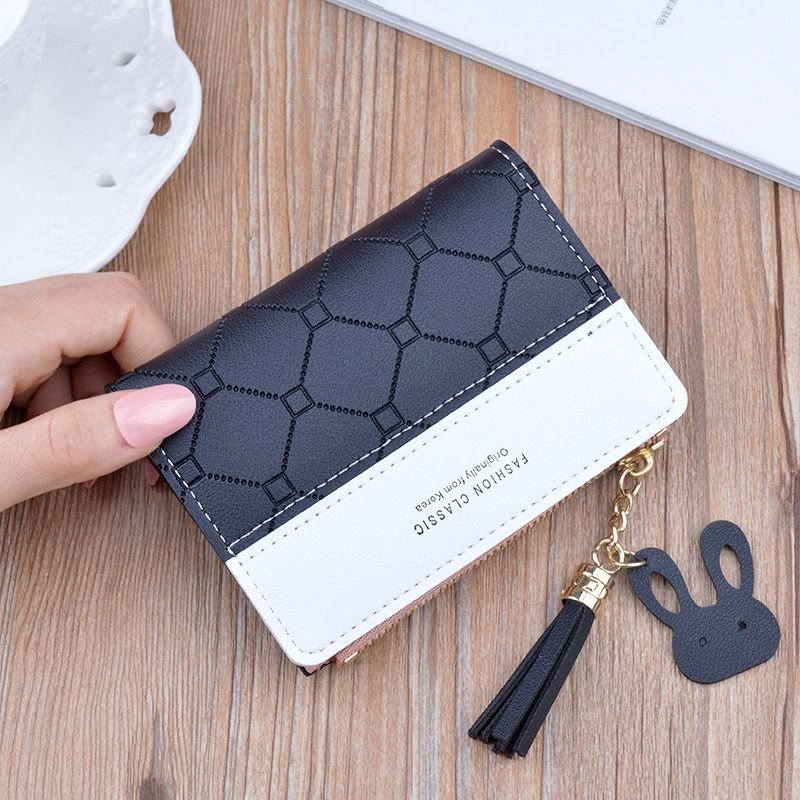 Women Short Wallet Patchwork Small Zipper Purse Checked Embossed Tassel Wallets Cute Simple Card Holder Pink Mini Money Bag_voghion.com