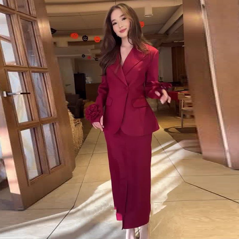  Women's Clothing Solid Color Lapel Three Dimensional Flower Suit Elegant Skirt Suit_voghion.com
