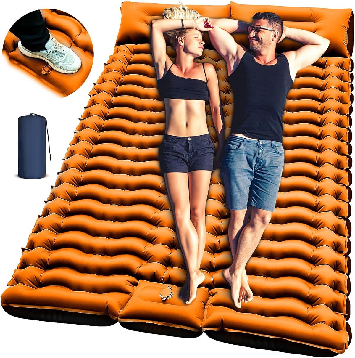 Colchonete duplo para dormir - autoinflável de 4" extragrosso para 2 pessoas com travesseiro, bomba de pé embutida, colchão inflável para mochila, caminhada_voghion.com