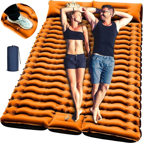 Colchonete duplo para dormir - autoinflável de 4" extragrosso para 2 pessoas com travesseiro, bomba de pé embutida, colchão inflável para mochila, caminhada_voghion.com