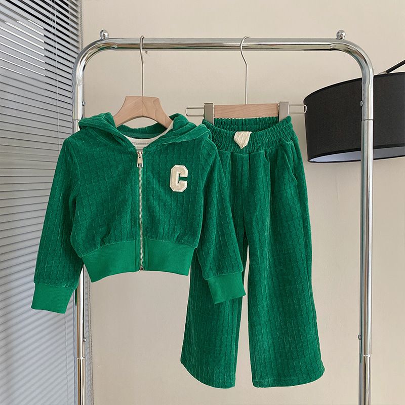 Mother & Kids Girls Suits New Fashionable Zipper Hooded Casual Tops Sports Wide Leg Pants Two Piece Suits_voghion.com