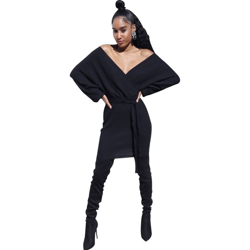 Robes d'automne pour femmes, vêtements pour femmes, col en v, couleur unie, jupe mi-longue, sangle à taille moyenne, robe irrégulière de Style occidental_voghion.com