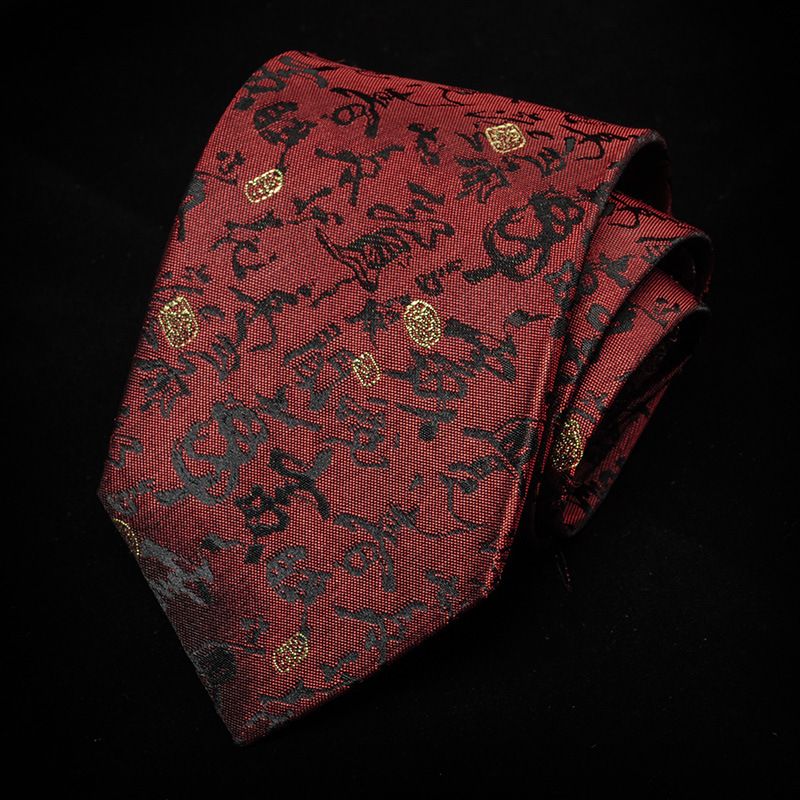 Tie For Men Formal 9cm Red Black Blue Ethnic Style Chinese Dragon Calligraphy Pattern_voghion.com