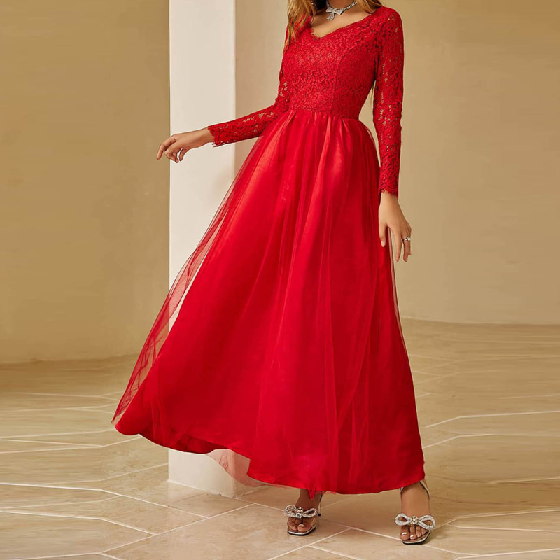 Damen neue Kleidung Mesh Spitze Langarm Hochzeit Hochzeitskleid rotes Abendkleid_voghion.com