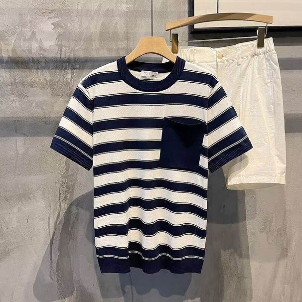 Vyriški drabužiai Apvalios iškirptės dryžuotas megztinis vyriški trumpomis rankovėmis marškinėliai viršutiniai vyrai 2024 m. vasara naujas dizainas laisvalaikio universalūs_voghion.com