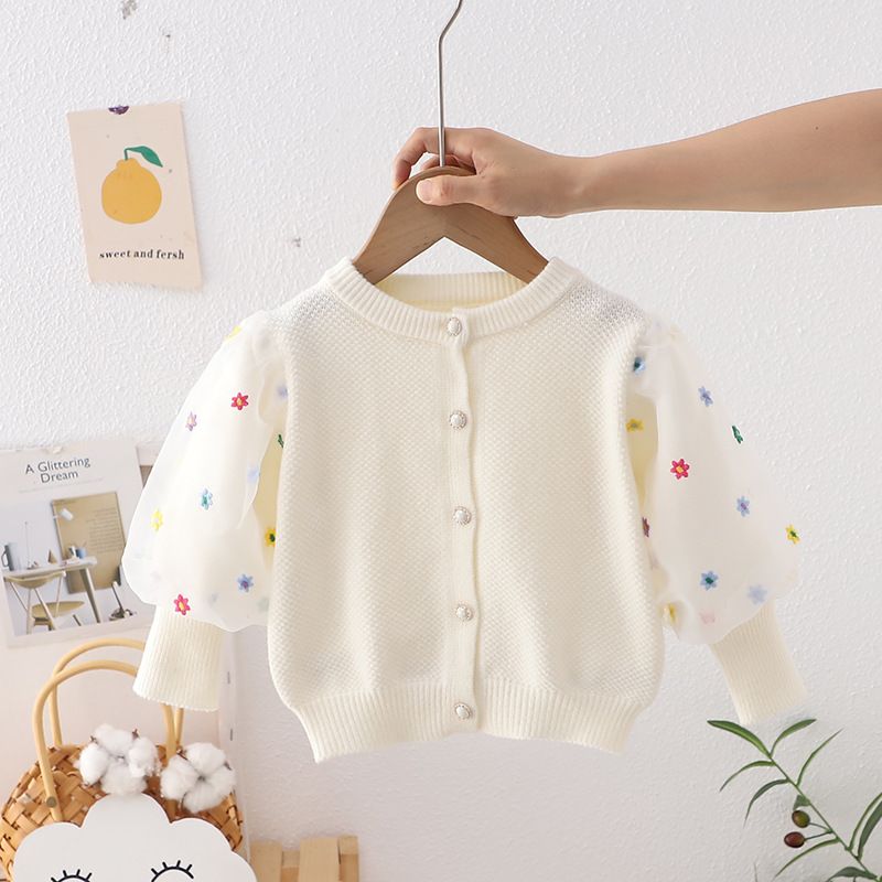 Pulover pentru fete Cardigan 2023 Haine de toamnă pentru fetiță Gât rotund Top cu mâneci din tifon Pulover tricotat pentru bebeluși Jachetă în stil occidental Top_voghion.com
