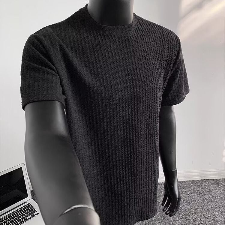Herrenbekleidung Pure Color Texture Rundhals Kurzarm Lässiges dünnes T-Shirt_voghion.com