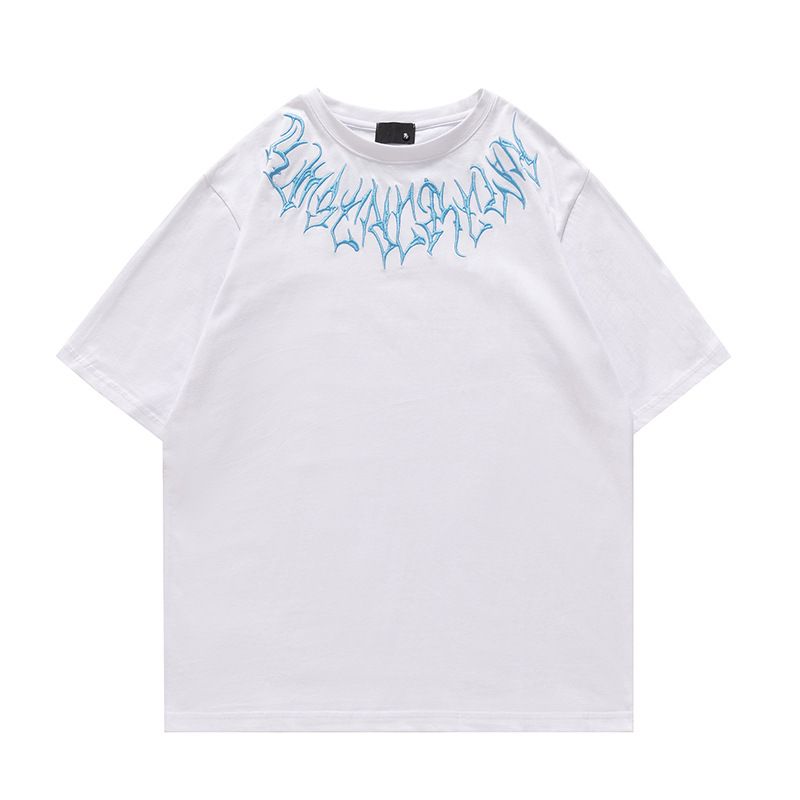 Amerikanischen Stil Neue Schal Stickerei Muster Reine Baumwolle T-shirt Männer der Ins Sommer Neue Paar Passenden T-shirt Casual Kurzarm_voghion.com
