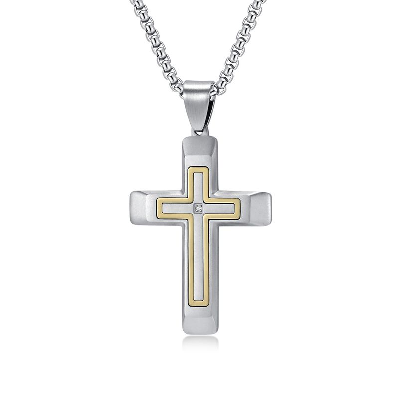 Collana da uomo in acciaio inossidabile con ciondolo a croce bicolore con taglio 3D_voghion.com