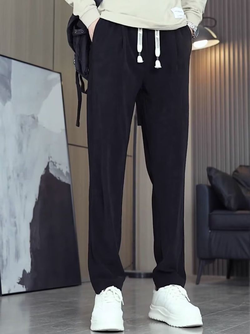 Herrenbekleidung Lässige, weites Gefühl, einfarbig, vielseitige Freizeithose, Frühlingstrend, neue gerade Hose mit elastischer Taille und Kordelzug_voghion.com