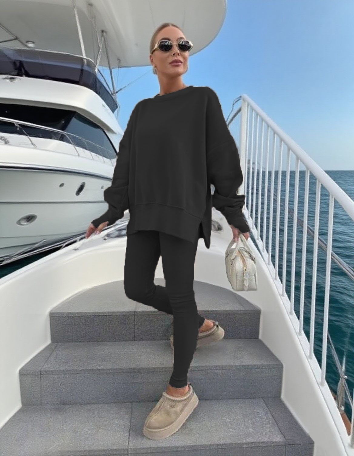 Completo tuta casual da donna - Pantaloni jogger aderenti e felpa con cappuccio ampia - Completo due pezzi in tinta unita (disponibile in più colori e taglie)_voghion.com