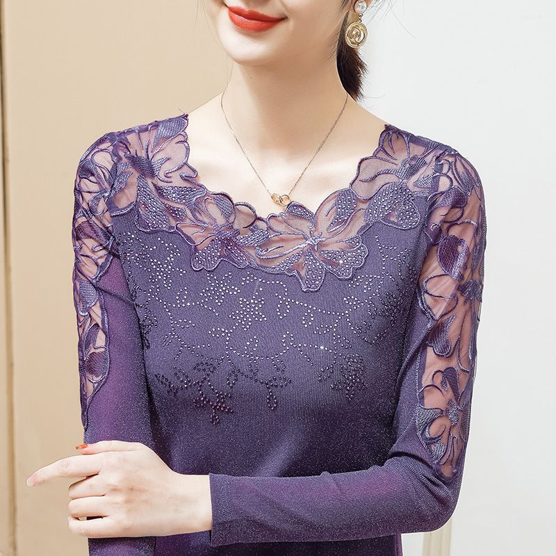 Lanxin Ge – T-shirt transparent brodé en dentelle pour femme, haut élégant à manches longues et strass, nouvelle collection printemps-automne_voghion.com