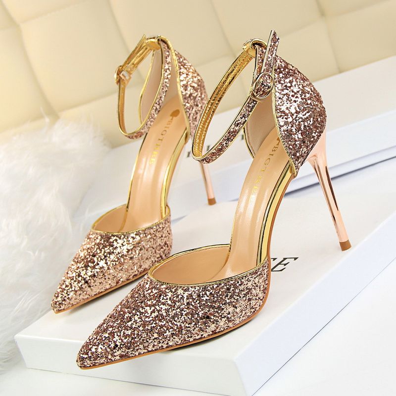 283-1 Thin High Heel Shallow Mouth Pointed Toe Hollow Sequin Sexy Nightclub Slimming One-Strap Women's Sandals_voghion.com