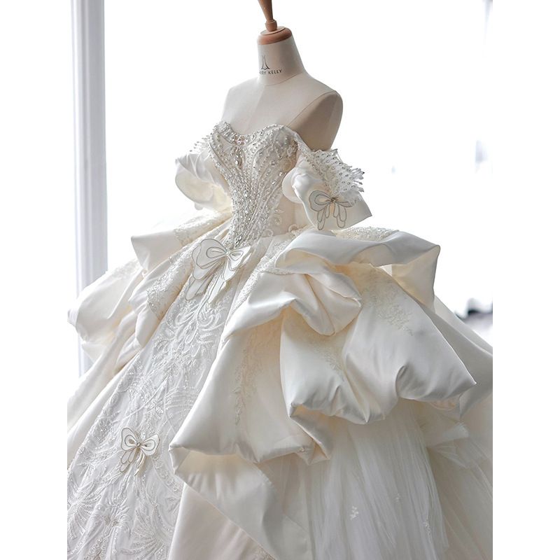 Women's Clothing French satin one shoulder heavy duty luxury wedding dress new bride runaway princess long tail white main yarn_voghion.com