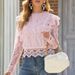 2025 New Solid Color Base Sexy Hollow Long Sleeve Lace Blouse Women's Jacket Top_voghion.com