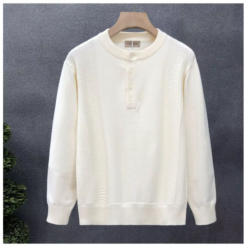 Maglione a maniche lunghe con colletto Henry, a righe, da uomo, girocollo, tinta unita, versatile, a tinta unita, lavorato a maglia_voghion.com