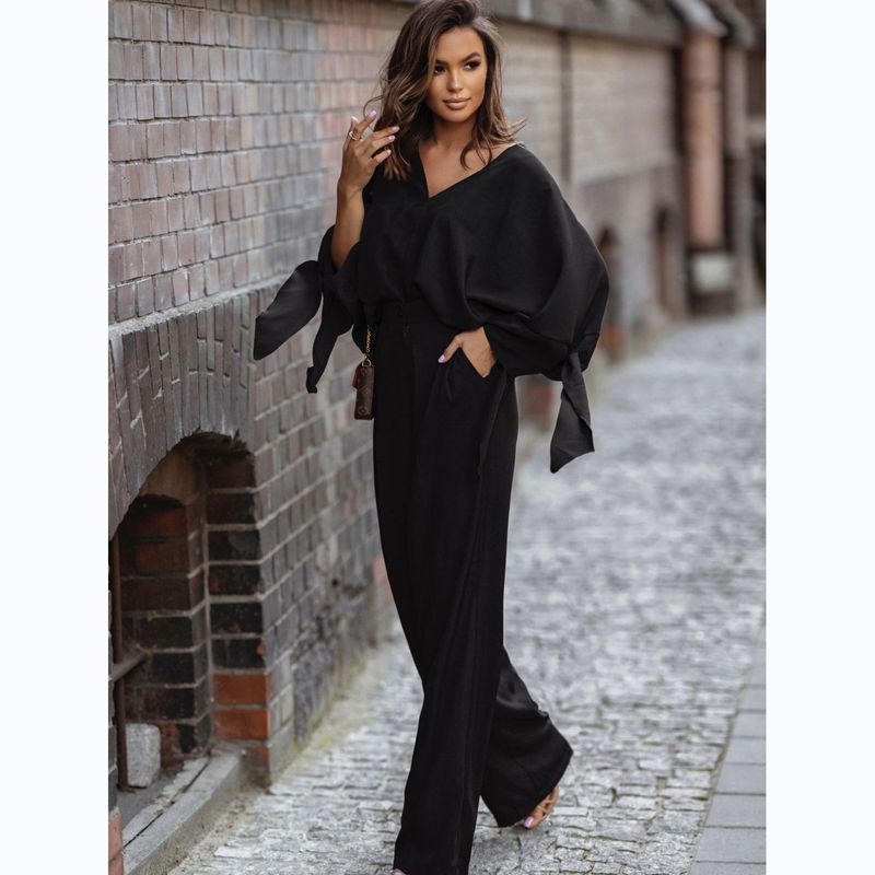 Tailleur-pantalon élégant à lacets et col en v pour femmes, couleur unie_voghion.com