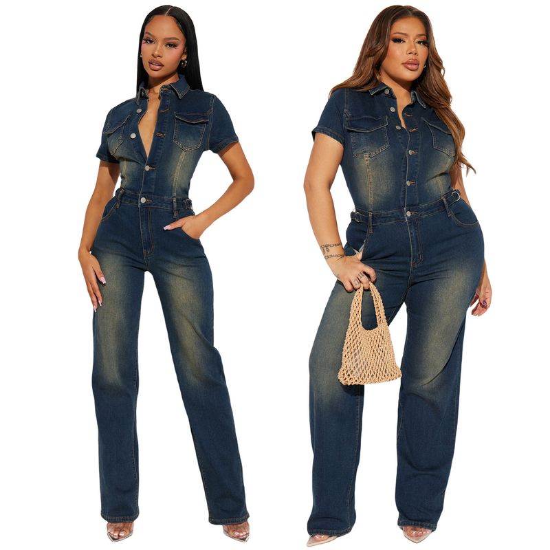Tight Waist Slim Elastic Washed Denim Jumpsuit Straight Loose Jumpsuit_voghion.com