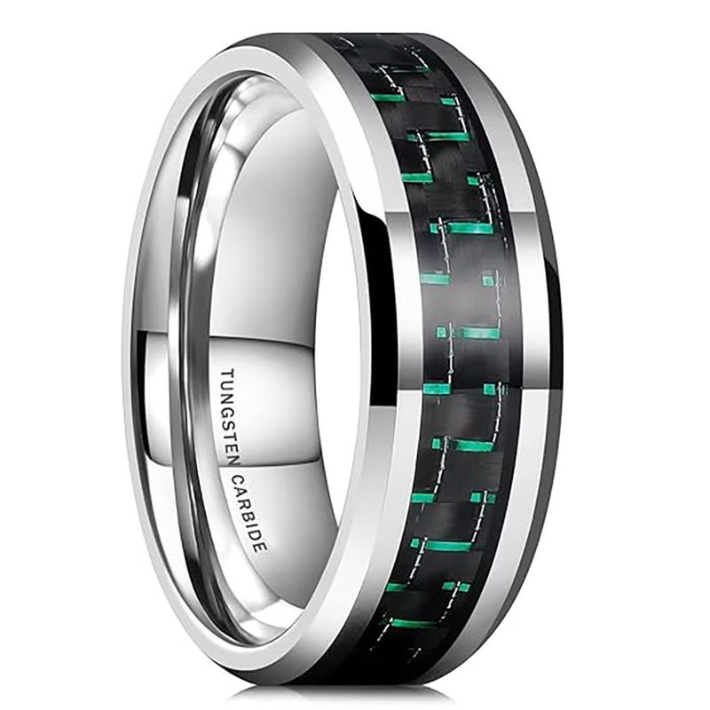Anello unisex alla moda in acciaio inossidabile con inserto in fibra di carbonio smussato da 8 mm, per uomo e donna, in blu, verde e rosso, taglie dalla 7 alla 12._voghion.com