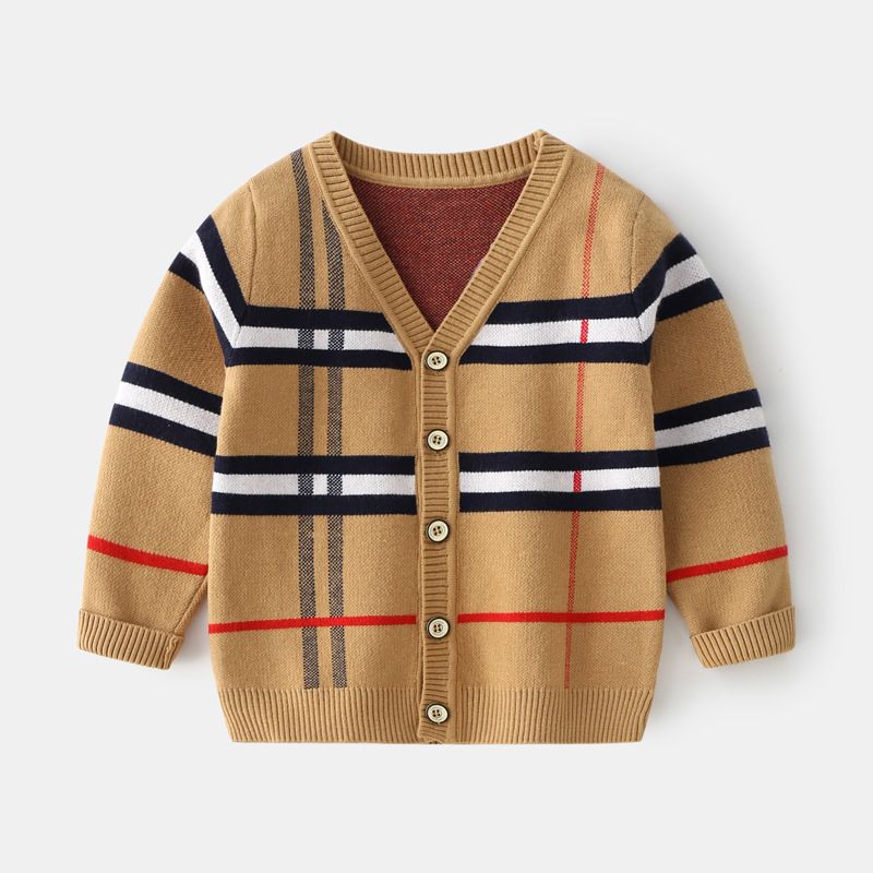 Autumn children's clothing boys plaid jacquard sweater children's detachable shirt collar fake two-piece core-spun yarn pullover sweater_voghion.com