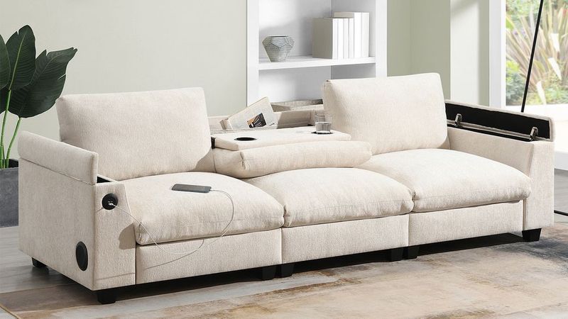 96*35''Chenille Sectional Sofa With Bluetooth Speaker,Comfy Cloud Couch Set With Drop Down Table,Cup Holders,USB Charger,Storage Armrest,Wide Seat S_voghion.com