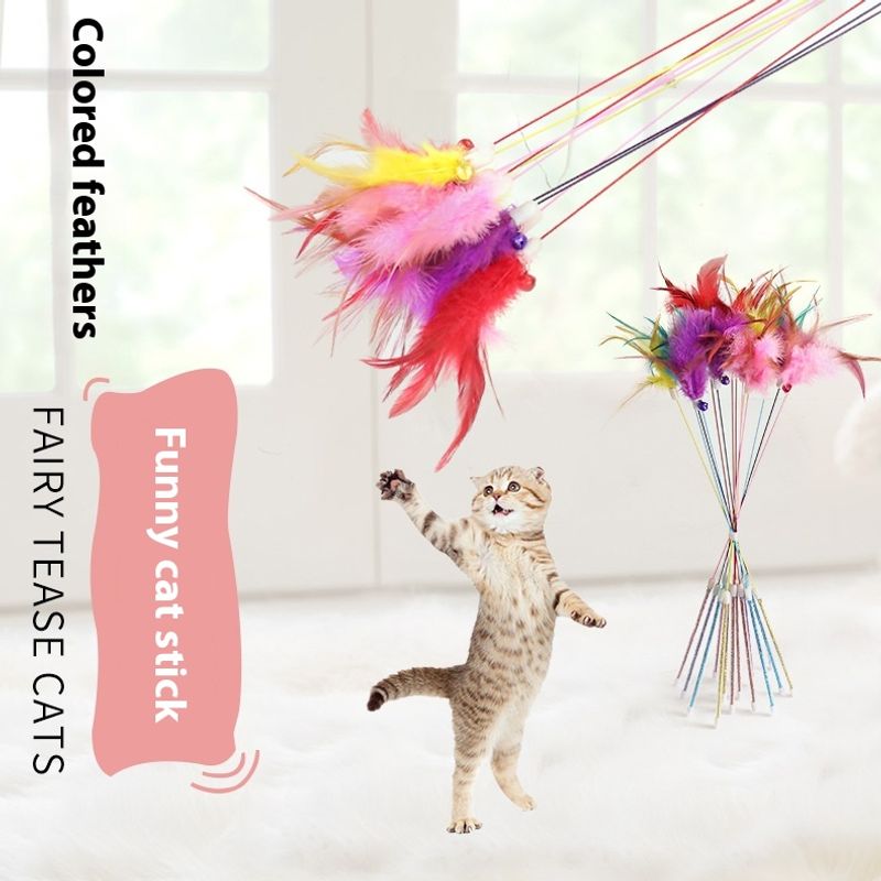 Straight new wire feather bell stick interactive puzzle toy with multiple dual color cat teasing sticks_voghion.com