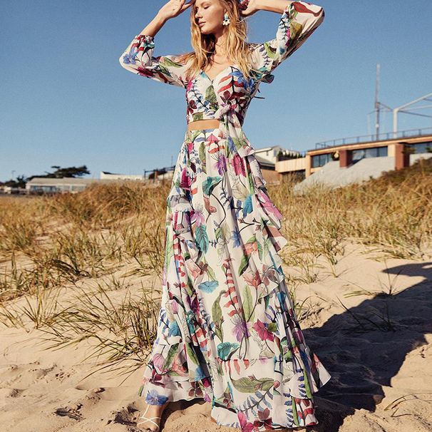 Completo due pezzi con gonna stampata e top a maniche lunghe con scollo a V da donna_voghion.com