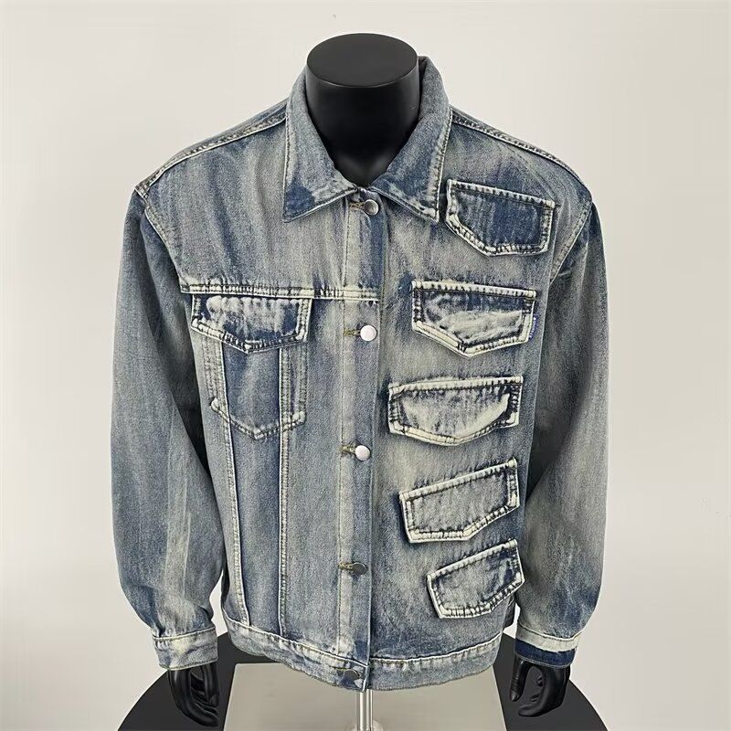 Herrenbekleidung Vintage Washed Denim Jacke – Distressed Oversized Kapuzenmantel, Koreanischer Streetwear-Stil, Lässige Lockere Passform Mit Überschnittener Schulter_voghion.com