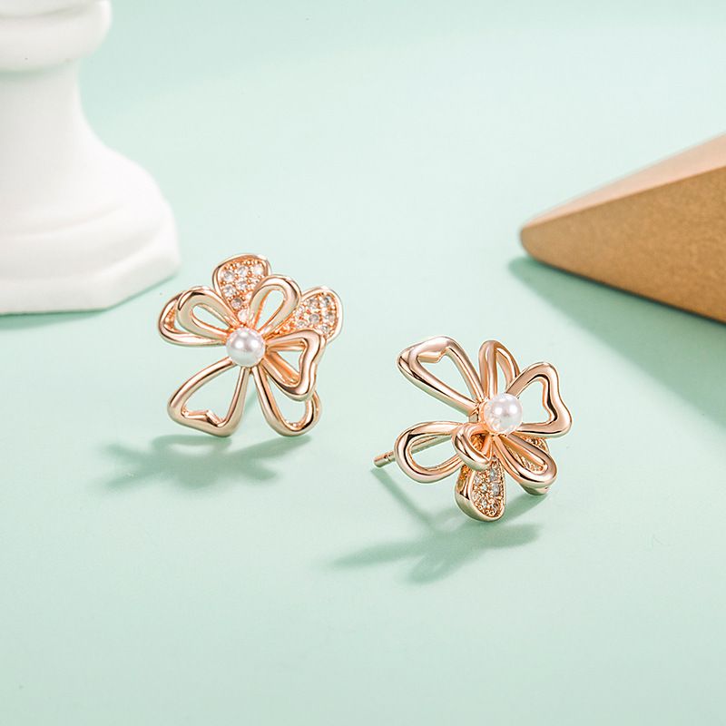 Rose VENUS Sier Gold Farbe Zirkon Blume Ohrringe für Frauen Mädchen Geburtstag Geschenk Perle Aushöhlen Schmuck Dr_voghion.com
