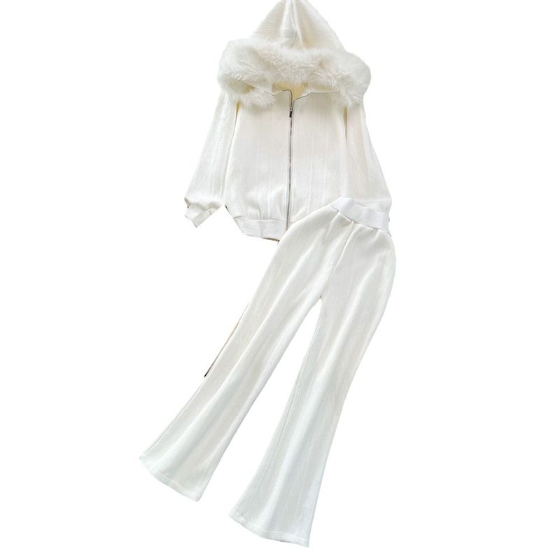 Women's Clothing Carefully selected fashion suits long sleeved zipper hooded sweatshirt jacket casual high waist slim straight wide leg pants_voghion.com