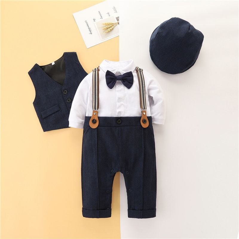 Cross Border Children's Clothing British Style Newborn One Year Old Dress Suit Vest Long Sleeved Jumpsuit Hat Baby Three Piece Suit_voghion.com