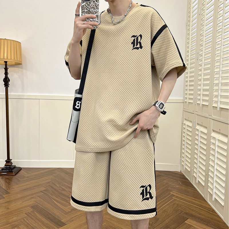 Zomer casual pak heren trend 2023 nieuwe losse sportshorts met korte mouwen set met knappe kleding_voghion.com