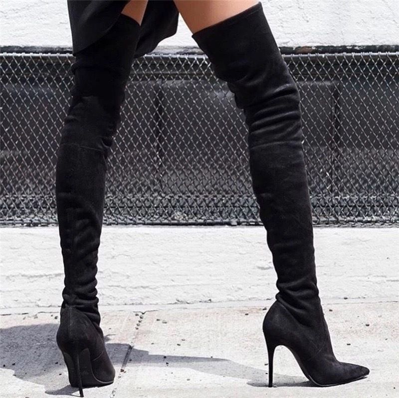 Cizme peste genunchi toamna și iarna noi, cizme stiletto cu toc înalt, din material elastic ascuțit, cizme șosete pentru femei_voghion.com
