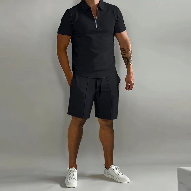 Erkek Eğlence Spor Takım Elbise Stand-up Yaka Kısa Kollu Şort İki Parçalı Takım Elbise Erkek Moda Ince POLO GÖMLEK_voghion.com