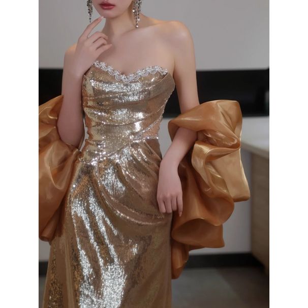 Γυναικεία Ρούχα Χρυσό Φόρεμα με Πούλιες, Βραδινό Φόρεμα Αρραβώνων, Υψηλής Τιμής Φόρεμα Νυφικού, Υψηλής Τιμής Πρωινό Φόρεμα Γάμου, Γαμήλιο Γλέντι_voghion.com