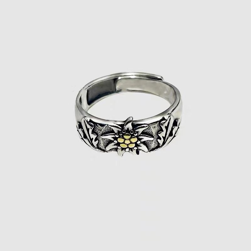 Silver Plated Edelweiss Design German Fashion Hip-hop High Street Niche Age Symbol Open Ring,Retro Chic_voghion.com
