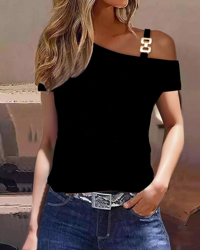 Camiseta de manga corta simple con botones de metal estampado irregular para mujer Ropa de mujer_voghion.com