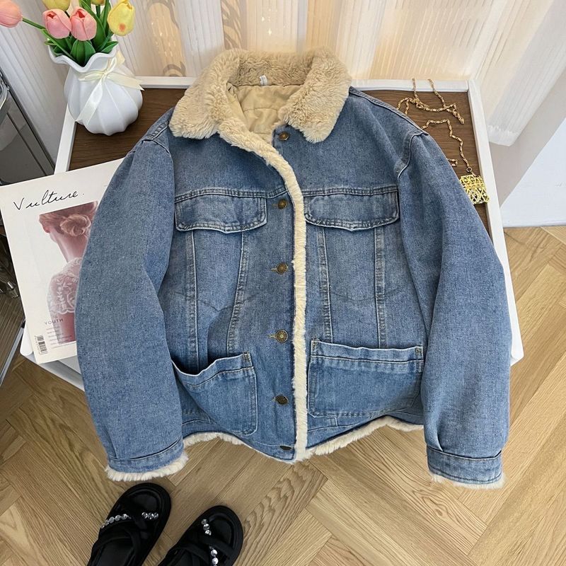 Giacca in denim in pelliccia sintetica in stile retrò - Giacche e cappotti in denim spesso foderati in pile invernale, cappotto caldo per donna (blu)_voghion.com