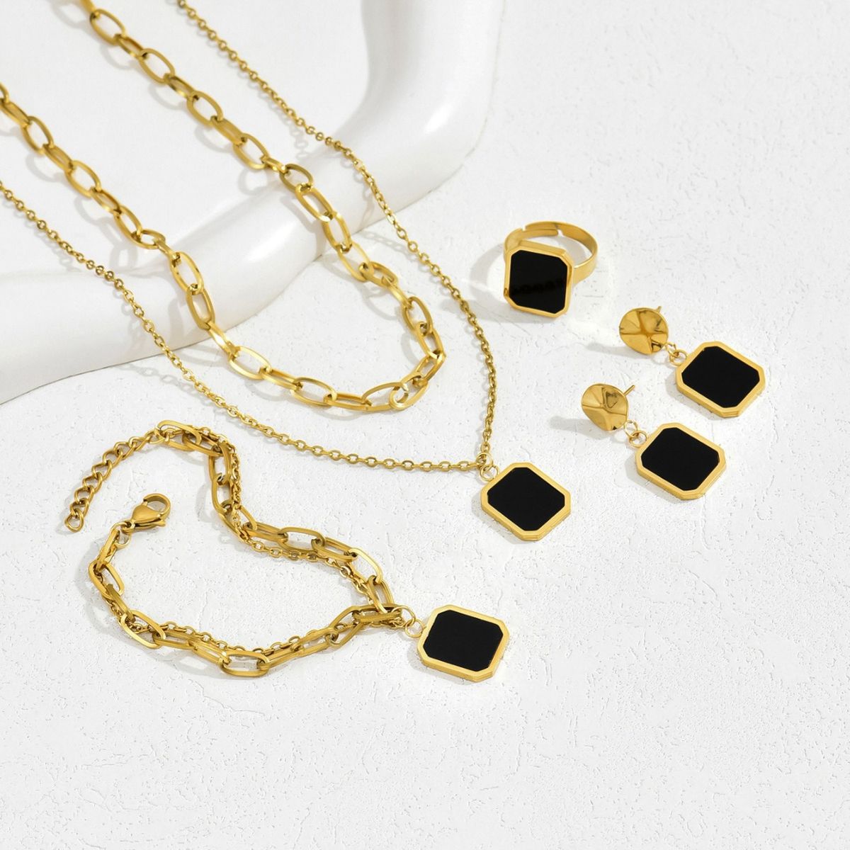 Ins high-end double-layer stacked black square necklace earring set light luxury niche bracelet index finger ring_voghion.com