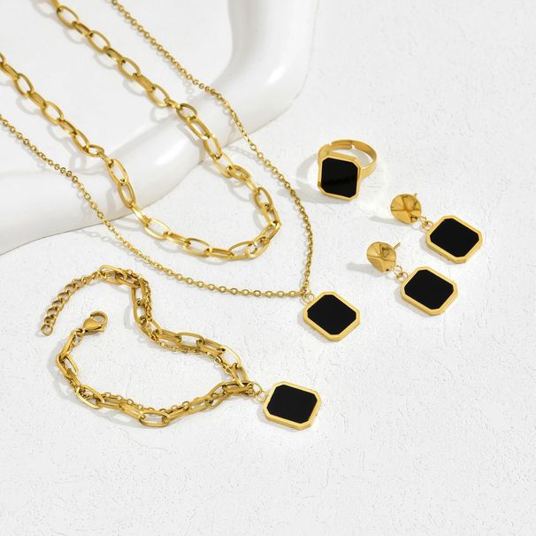 Ins high-end double-layer stacked black square necklace earring set light luxury niche bracelet index finger ring_voghion.com