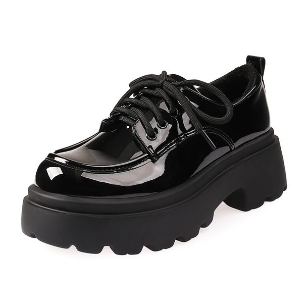 Emexiang Scarpe da donna in pelle con suola spessa e rialzo in stile britannico, 6 cm, mocassini con lacci neri per l'autunno e_voghion.com
