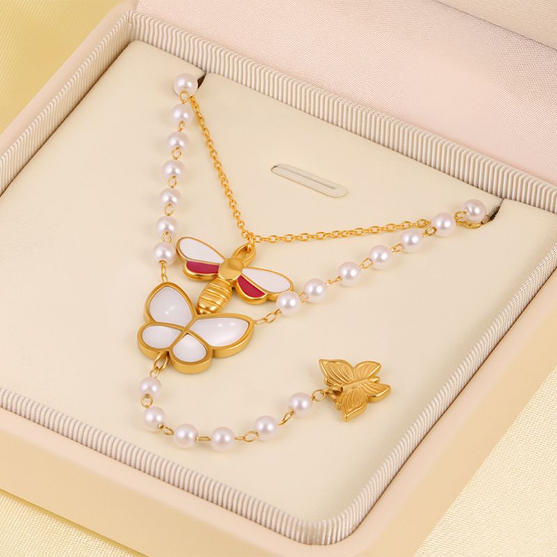 Necklace Women Golden Pendant Necklace Titanium Steel Butterfly Bee Pendant Accessories Pearl Necklace For Women Light Luxury Niche Fashion Sweater C_voghion.com