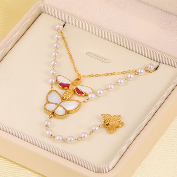 Necklace Women Golden Pendant Necklace Titanium Steel Butterfly Bee Pendant Accessories Pearl Necklace For Women Light Luxury Niche Fashion Sweater C_voghion.com