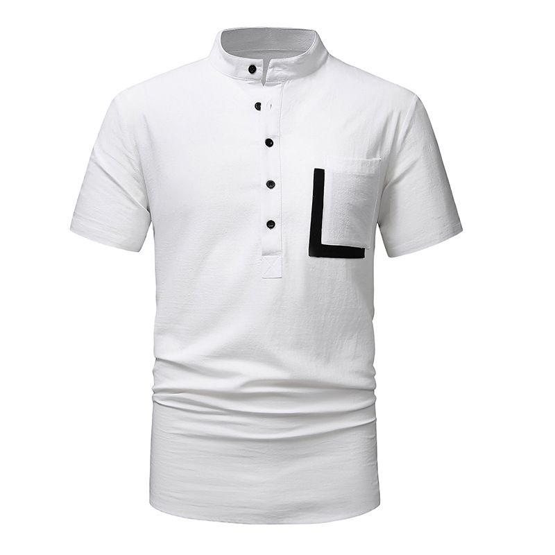 2025d Henley Color Block Pocket Short Sleeve Men's Cotton Linen Shirt_voghion.com