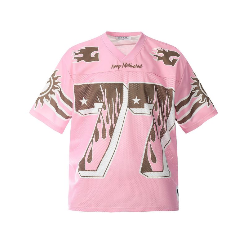 T-shirt a maniche corte con stampa di lettere da uomo, versatile, in spugna con cuciture in rete_voghion.com