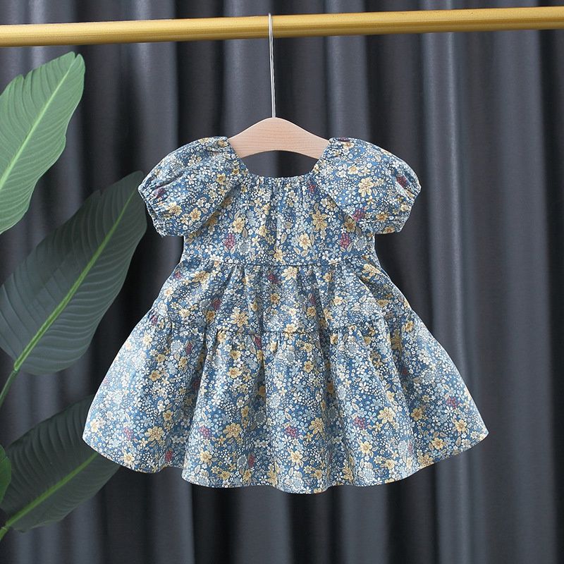 Abbigliamento per bambini Abito da principessa in cotone per bambini con scollo tondo, abbigliamento a fiori, gonna a trapezio con maniche a sbuffo e schiena aperta_voghion.com